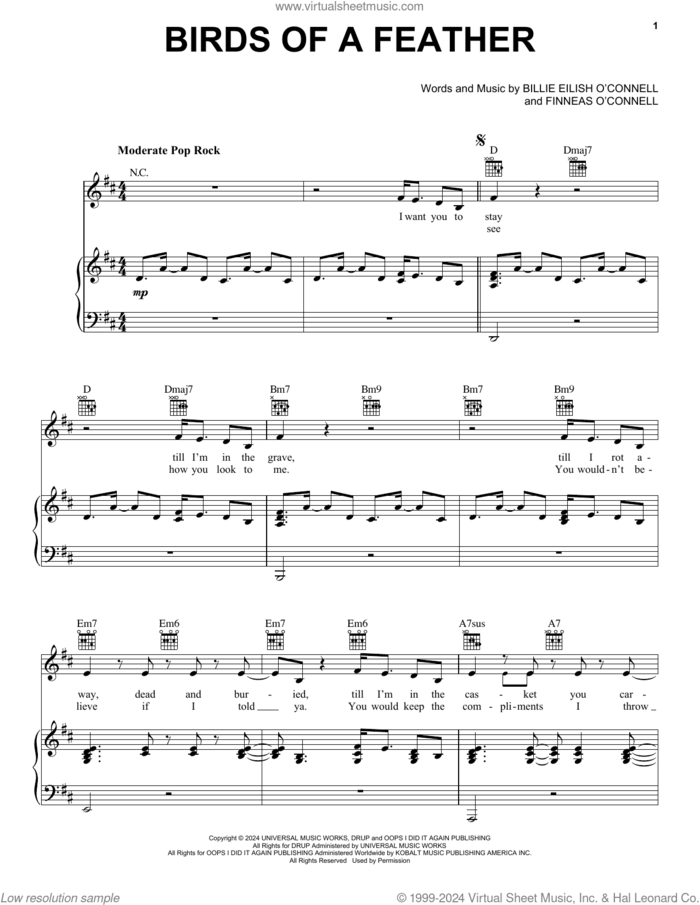 BIRDS OF A FEATHER sheet music for voice, piano or guitar by Billie Eilish, intermediate skill level