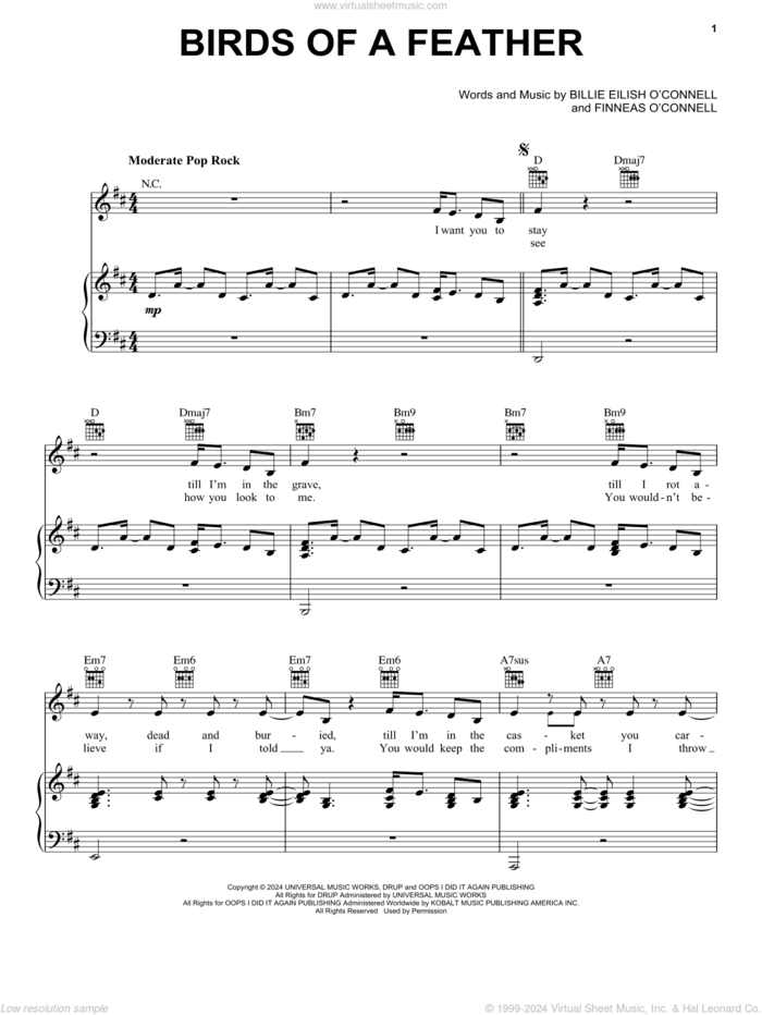 BIRDS OF A FEATHER sheet music for voice, piano or guitar by Billie Eilish, intermediate skill level