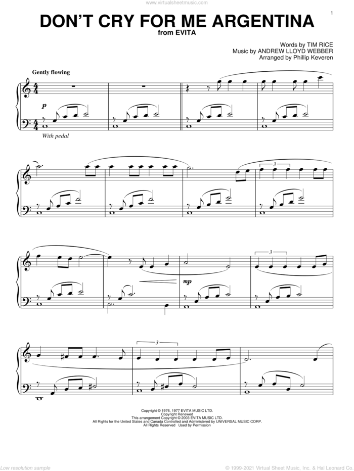 Don't Cry For Me Argentina (from Evita) (arr. Phillip Keveren) sheet music for piano solo by Andrew Lloyd Webber, Phillip Keveren, Evita (Musical) and Tim Rice, intermediate skill level