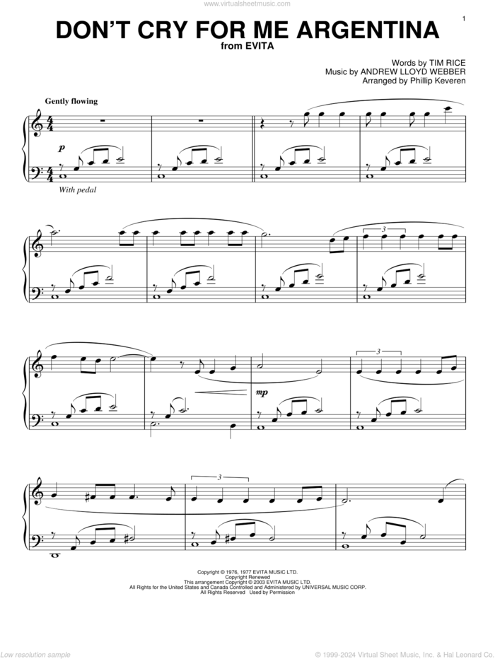 Don't Cry For Me Argentina (from Evita) (arr. Phillip Keveren) sheet music for piano solo by Andrew Lloyd Webber, Phillip Keveren, Evita (Musical) and Tim Rice, intermediate skill level