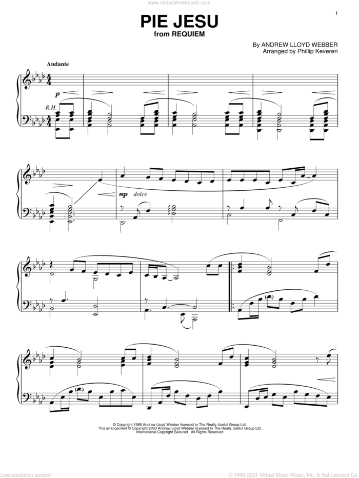 Pie Jesu (arr. Phillip Keveren) sheet music for piano solo by Andrew Lloyd Webber and Phillip Keveren, classical score, intermediate skill level