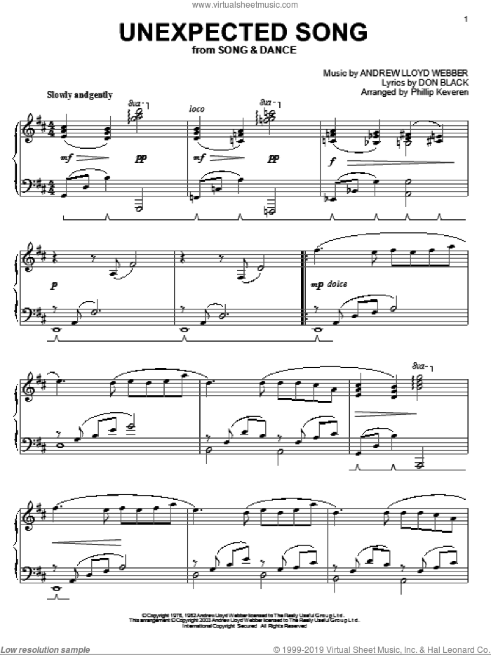 Unexpected Song (from Song and Dance) (arr. Phillip Keveren) sheet music for piano solo by Andrew Lloyd Webber, Phillip Keveren, Bernadette Peters, Song And Dance (Musical) and Don Black, intermediate skill level