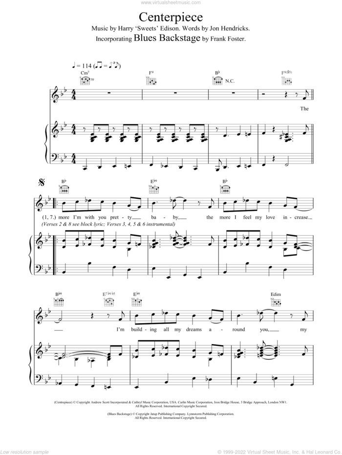Centerpiece / Blues Backstage sheet music for voice, piano or guitar by Van Morrison, Frank Foster and Jon Hendricks, intermediate skill level