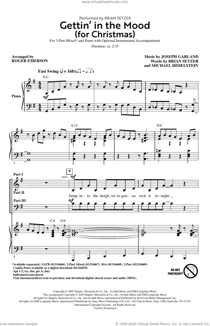 Gettin' In The Mood (For Christmas) (arr. Roger Emerson) sheet music for choir (3-Part Mixed) by Brian Setzer, Roger Emerson, Joe Garland and Michael Himelstein, intermediate skill level