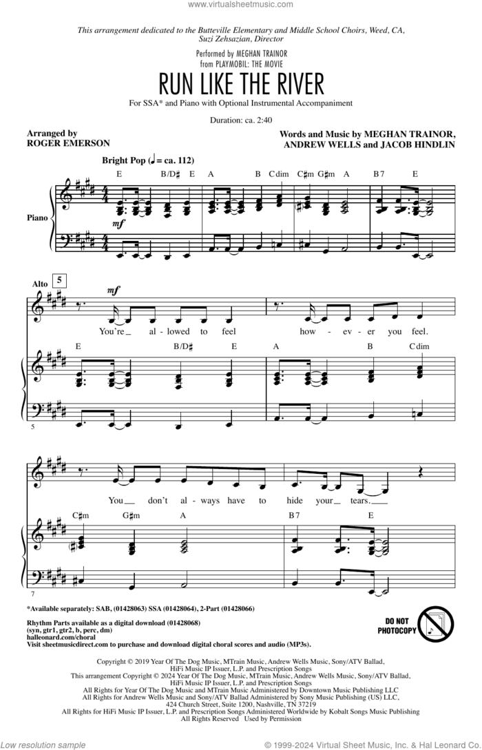 Run Like The River (arr. Roger Emerson) sheet music for choir (SSA: soprano, alto) by Meghan Trainor, Roger Emerson, Andrew Wells and Jacob Kasher Hindlin, intermediate skill level