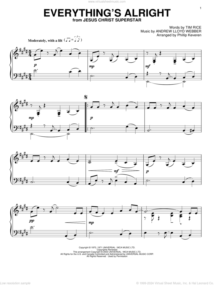 Everything's Alright (from Jesus Christ Superstar) (arr. Phillip Keveren) sheet music for piano solo by Andrew Lloyd Webber, Phillip Keveren, Jesus Christ Superstar (Musical) and Tim Rice, intermediate skill level