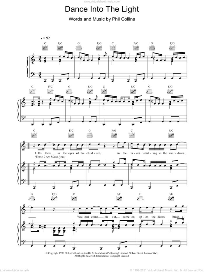 Dance Into The Light sheet music for voice, piano or guitar by Phil Collins, intermediate skill level