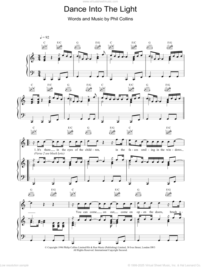 Dance Into The Light sheet music for voice, piano or guitar by Phil Collins, intermediate skill level