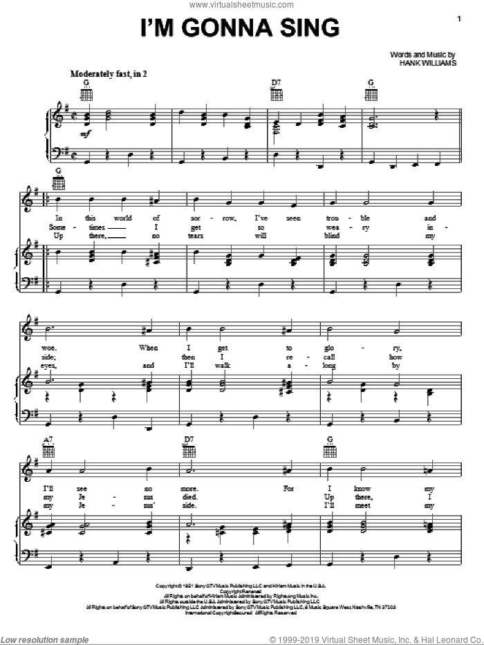 I'm Gonna Sing sheet music for voice, piano or guitar by Hank Williams, intermediate skill level