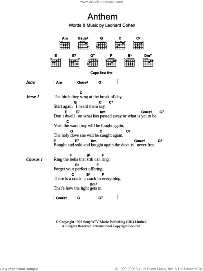 Anthem sheet music for guitar (chords) by Leonard Cohen, intermediate skill level