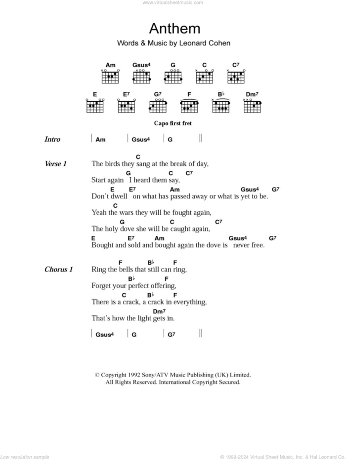 Anthem sheet music for guitar (chords) by Leonard Cohen, intermediate skill level