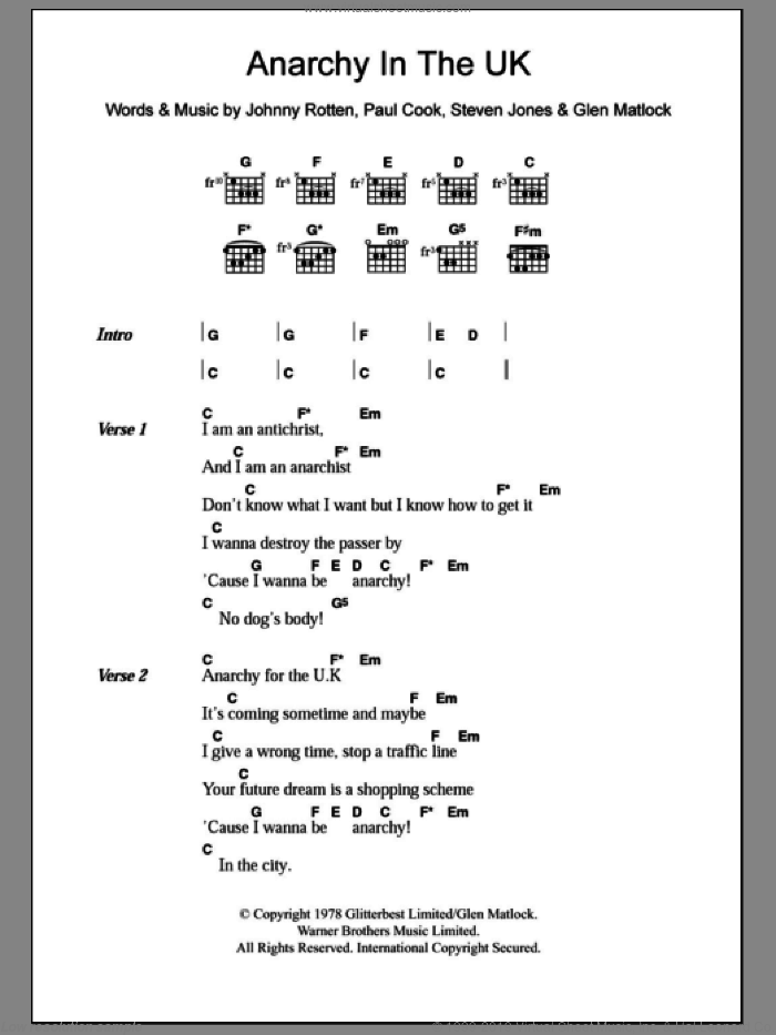 Anarchy In The U.K. sheet music for guitar (chords) by Sex Pistols, Glen Matlock, Johnny Rotten, Paul Cook and Steve Jones, intermediate skill level