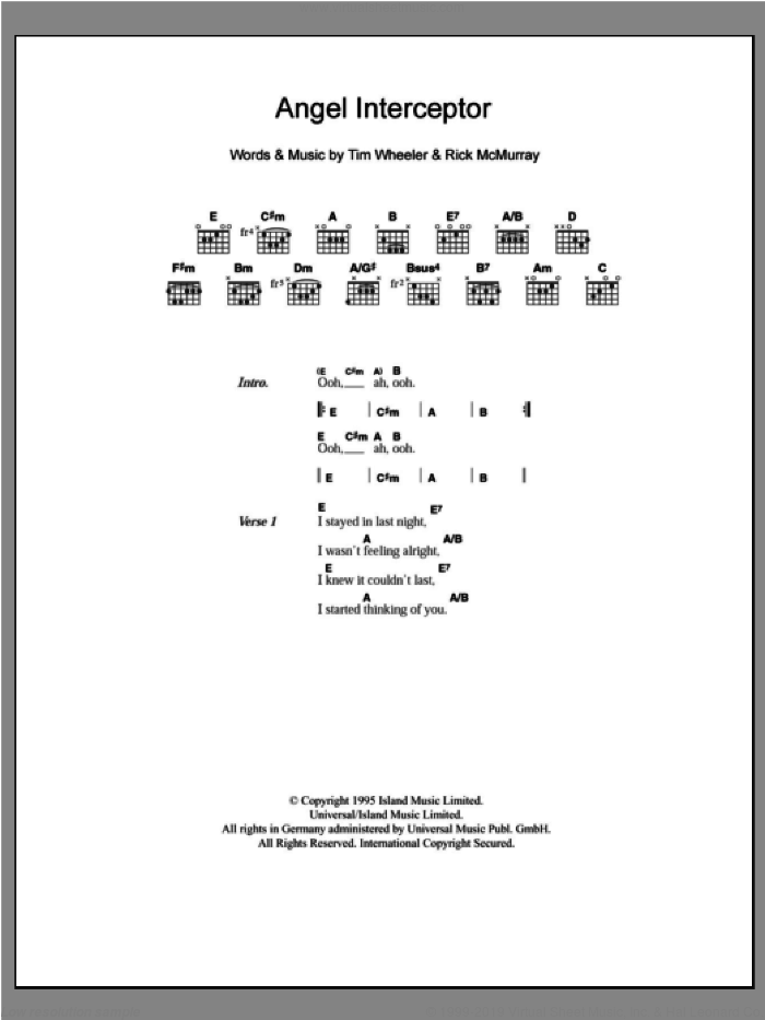 Angel Interceptor sheet music for guitar (chords) by Tim Wheeler and Rick McMurray, intermediate skill level