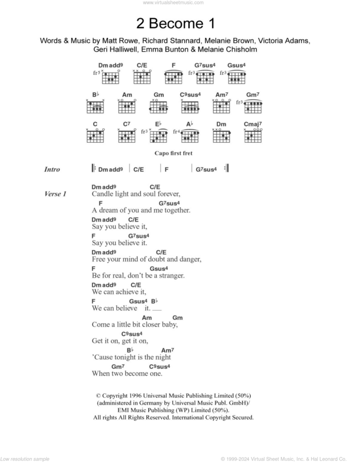 2 Become 1 sheet music for guitar (chords) by The Spice Girls, Emma Bunton, Geri Halliwell, Matt Rowe, Melanie Brown, Melanie Chisholm, Richard Stannard and Victoria Adams, intermediate skill level