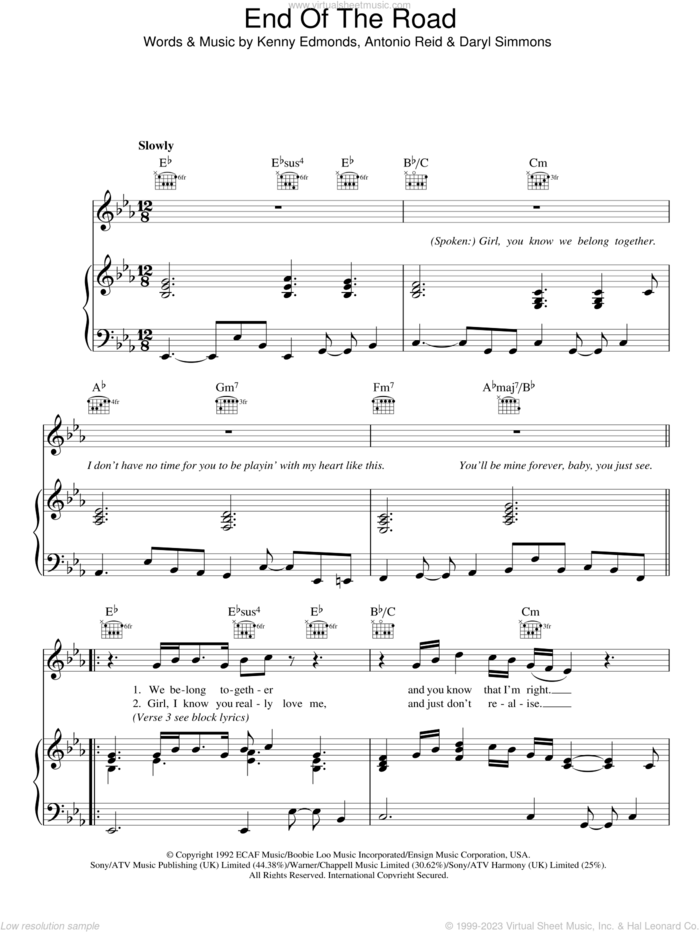 End Of The Road sheet music for voice, piano or guitar by Boyz II Men, Antonio Reid, Daryl Simmons and Kenneth Edmonds, intermediate skill level