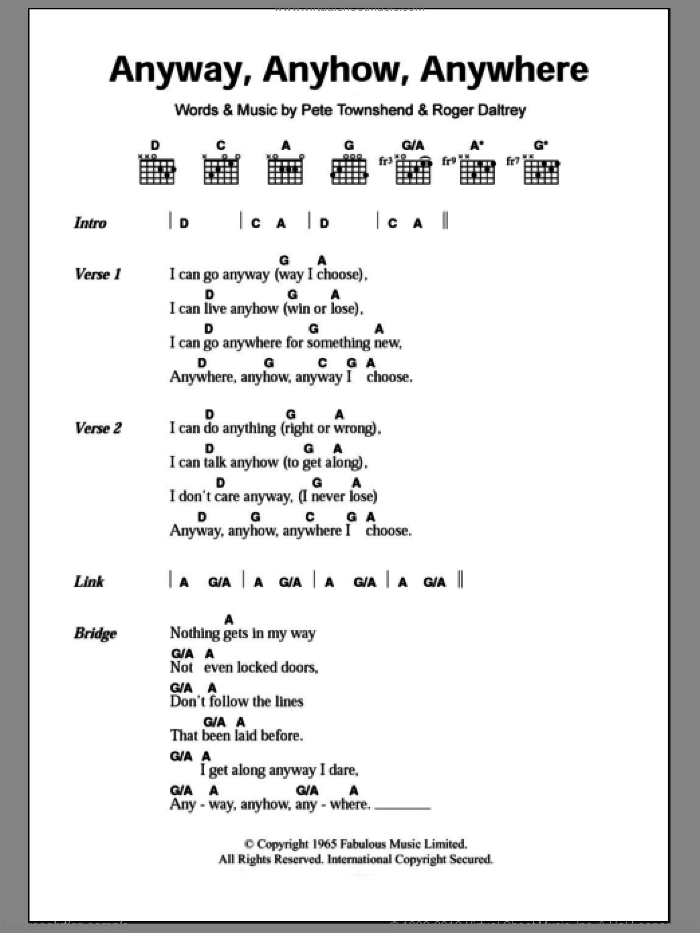 Anyway, Anyhow, Anywhere sheet music for guitar (chords) by The Who, Pete Townshend and Roger Daltrey, intermediate skill level