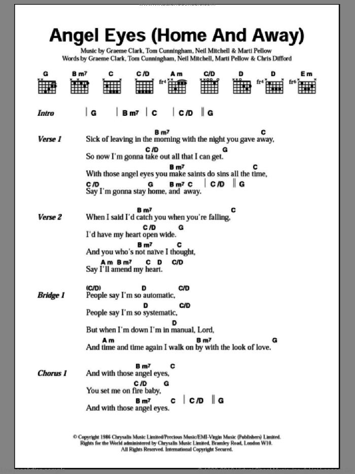 Angel Eyes (Home And Away) sheet music for guitar (chords) by Wet Wet Wet, Chris Difford, Graeme Clark, Marti Pellow, Neil Mitchell and Tom Cunningham, intermediate skill level