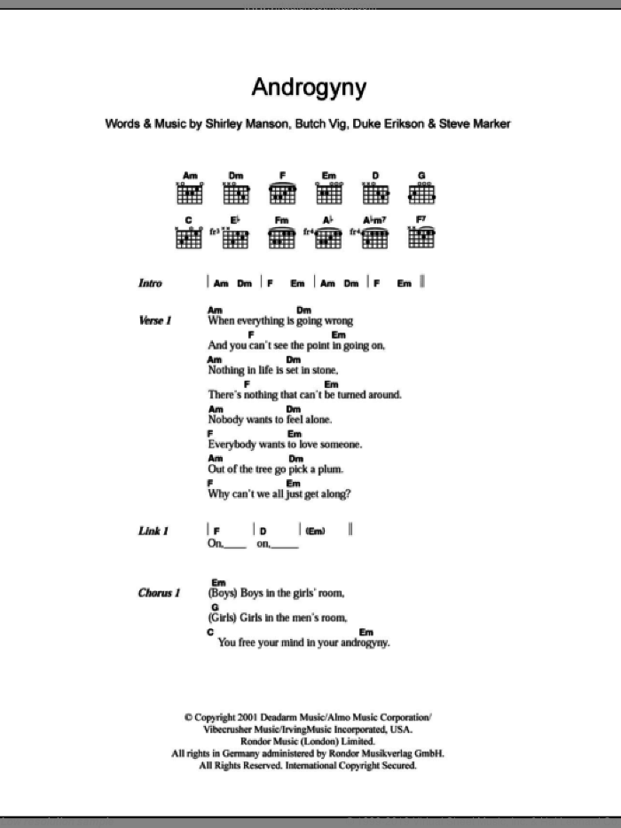 Androgyny sheet music for guitar (chords) by Garbage, Butch Vig, Duke Erikson, Shirley Manson and Steve Marker, intermediate skill level