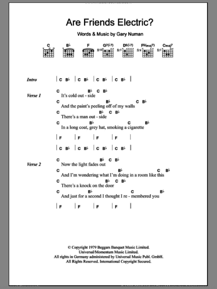 Are 'Friends' Electric? sheet music for guitar (chords) by Gary Numan, intermediate skill level