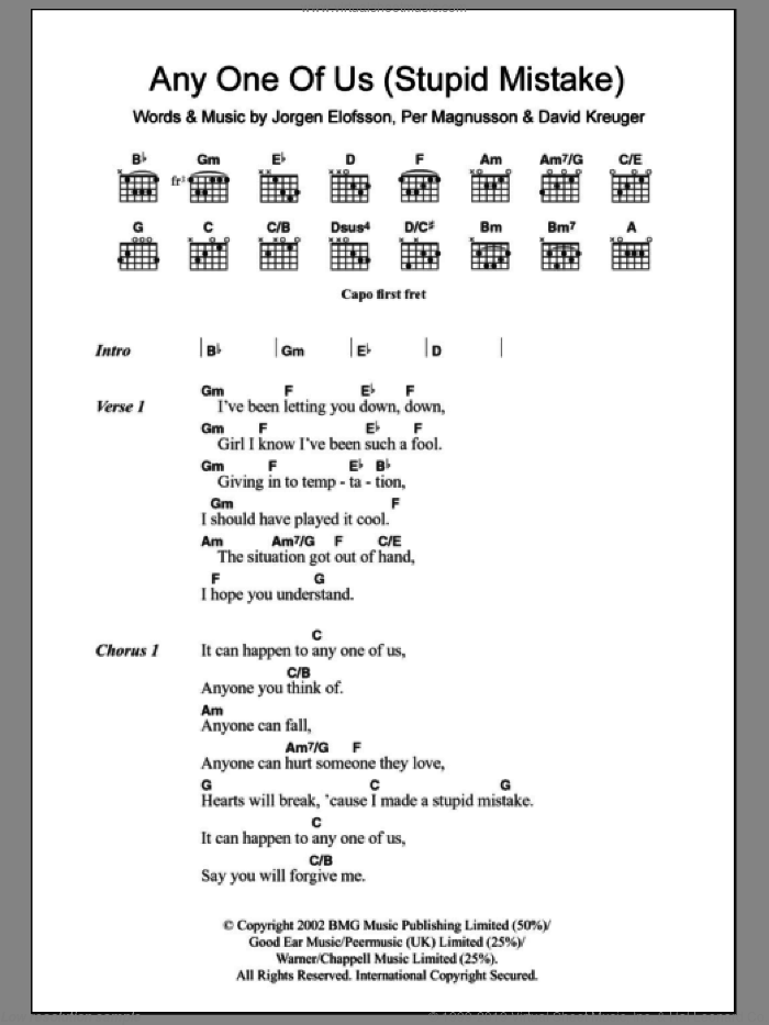 Anyone Of Us (Stupid Mistake) sheet music for guitar (chords) by Gareth Gates, David Kreuger, JAAorgen Elofsson, Jorgen Elofsson and Per Magnusson, intermediate skill level