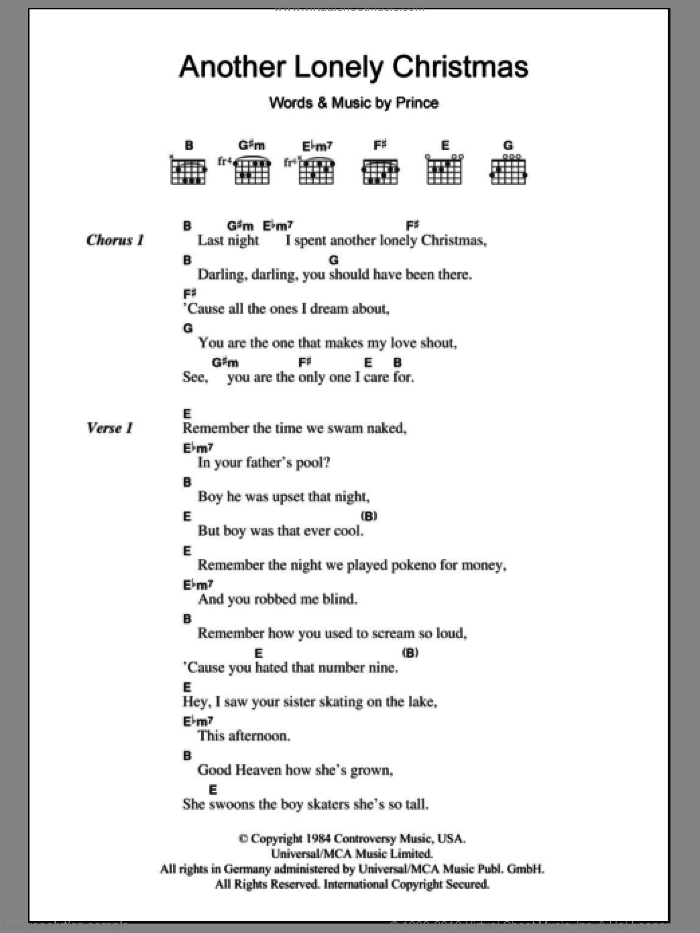 Another Lonely Christmas sheet music for guitar (chords) by Prince, intermediate skill level