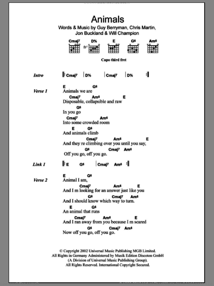 Animals sheet music for guitar (chords) by Coldplay, Chris Martin, Guy Berryman, Jon Buckland and Will Champion, intermediate skill level