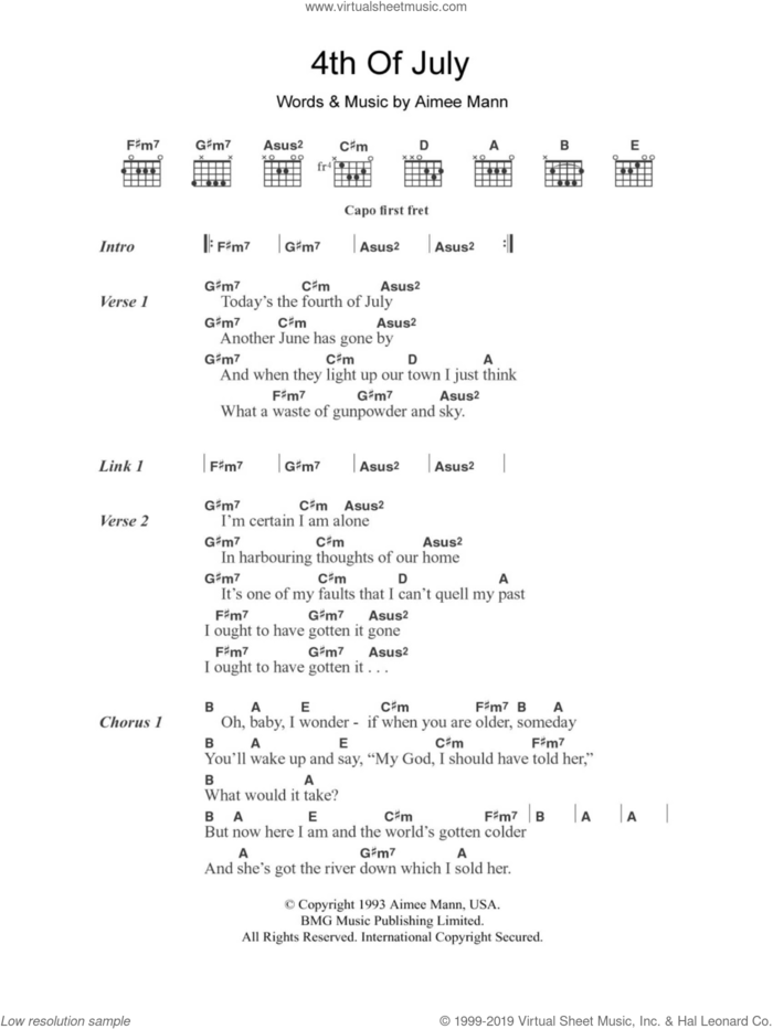 4th Of July sheet music for guitar (chords) by Aimee Mann, intermediate skill level