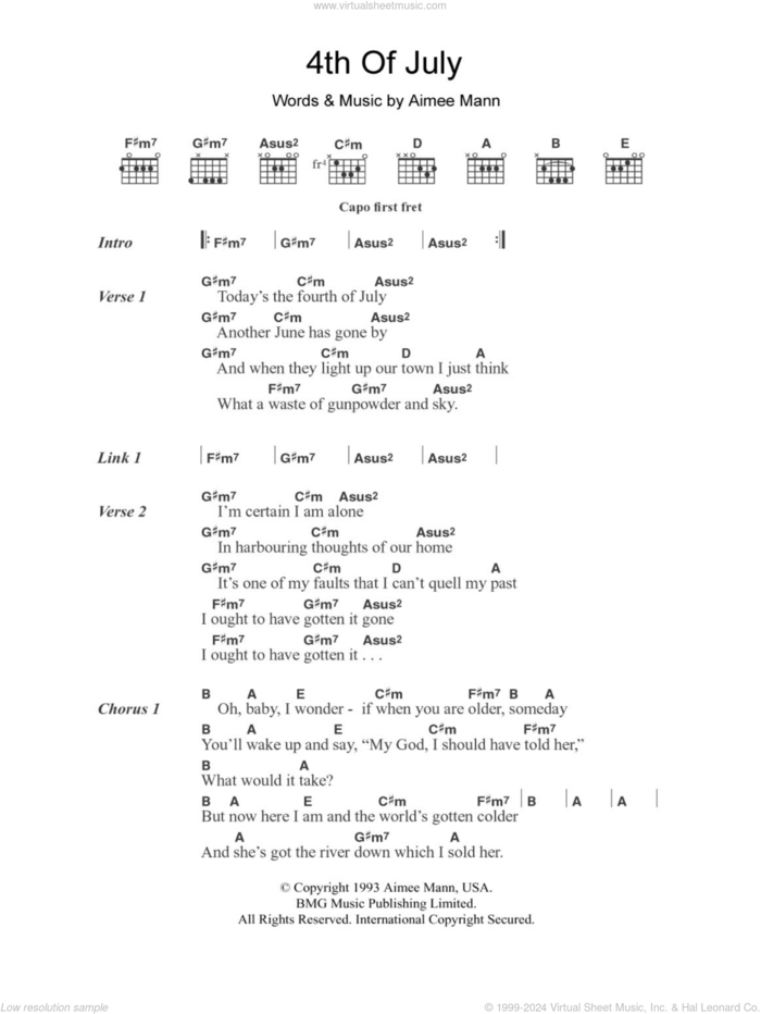 4th Of July sheet music for guitar (chords) by Aimee Mann, intermediate skill level