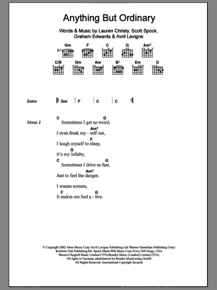 Anything But Ordinary sheet music for guitar (chords) by Avril Lavigne, Graham Edwards, Lauren Christy and Scott Spock, intermediate skill level