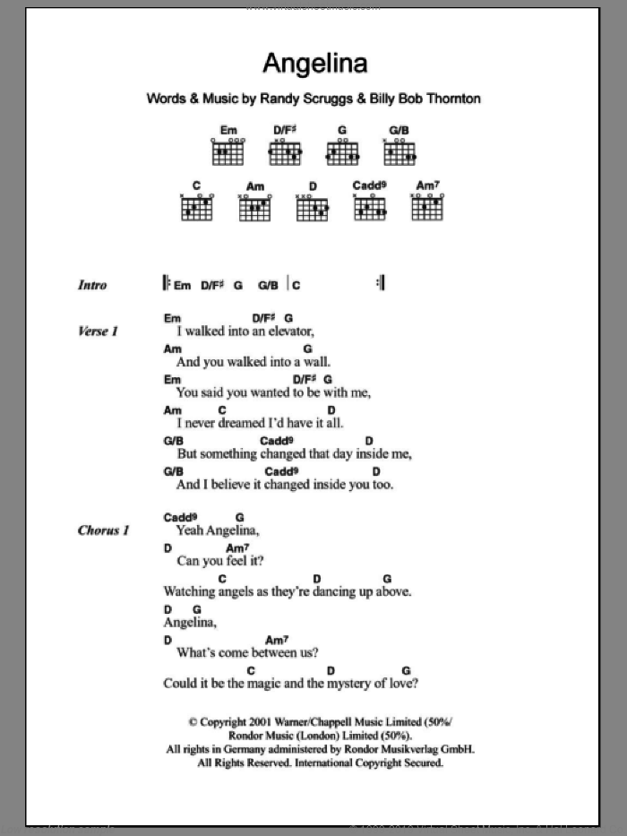 Angelina sheet music for guitar (chords) by Billy Bob Thornton and Randy Scruggs, intermediate skill level