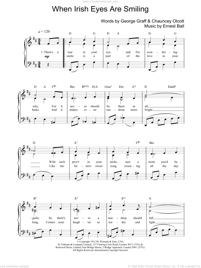 When Irish Eyes Are Smiling sheet music for voice, piano or guitar by Chauncey Olcott, intermediate skill level