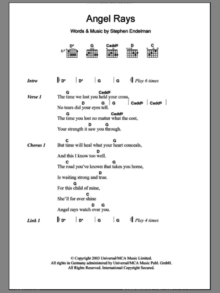 Angel Rays sheet music for guitar (chords) by Sissel and Stephen Endelman, intermediate skill level
