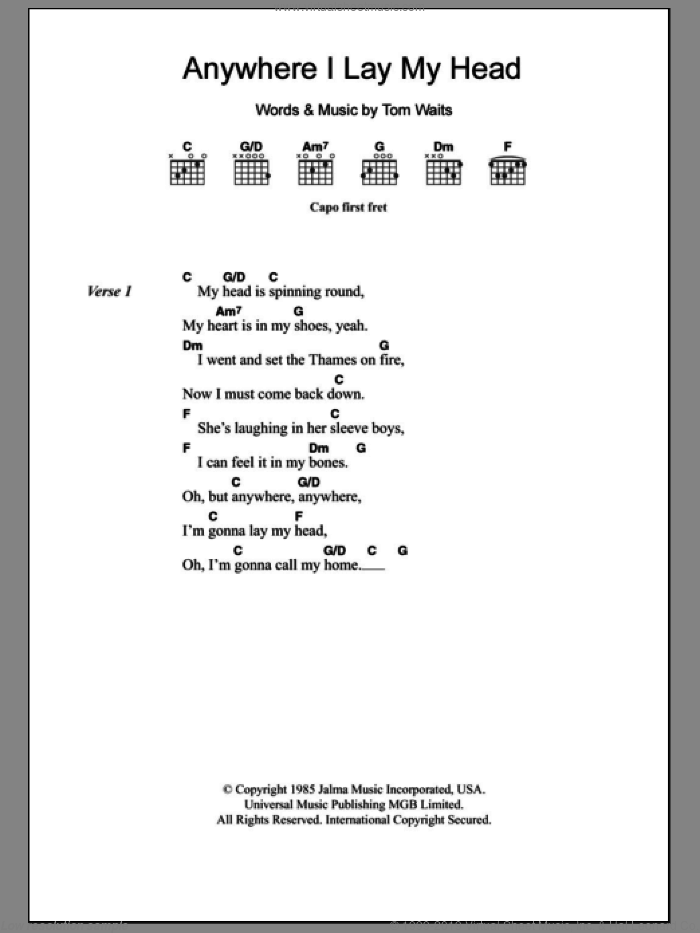 Anywhere I Lay My Head sheet music for guitar (chords) by Tom Waits, intermediate skill level