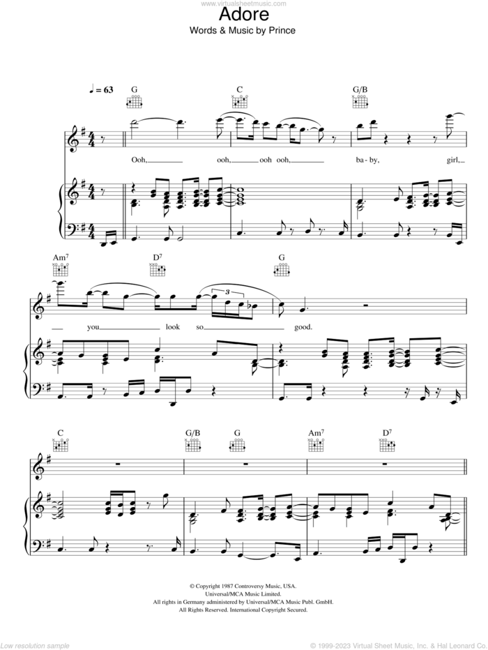 Adore sheet music for voice, piano or guitar by Prince, intermediate skill level