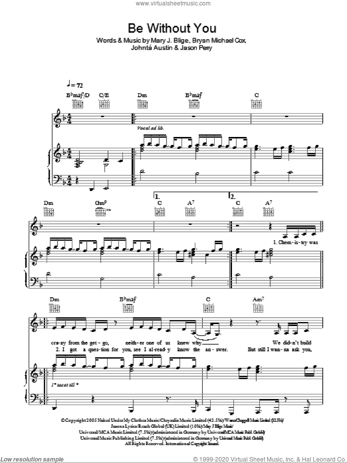 Be Without You sheet music for voice, piano or guitar by Mary J. Blige, Bryan Michael Cox, Jason Perry and Johnta Austin, intermediate skill level