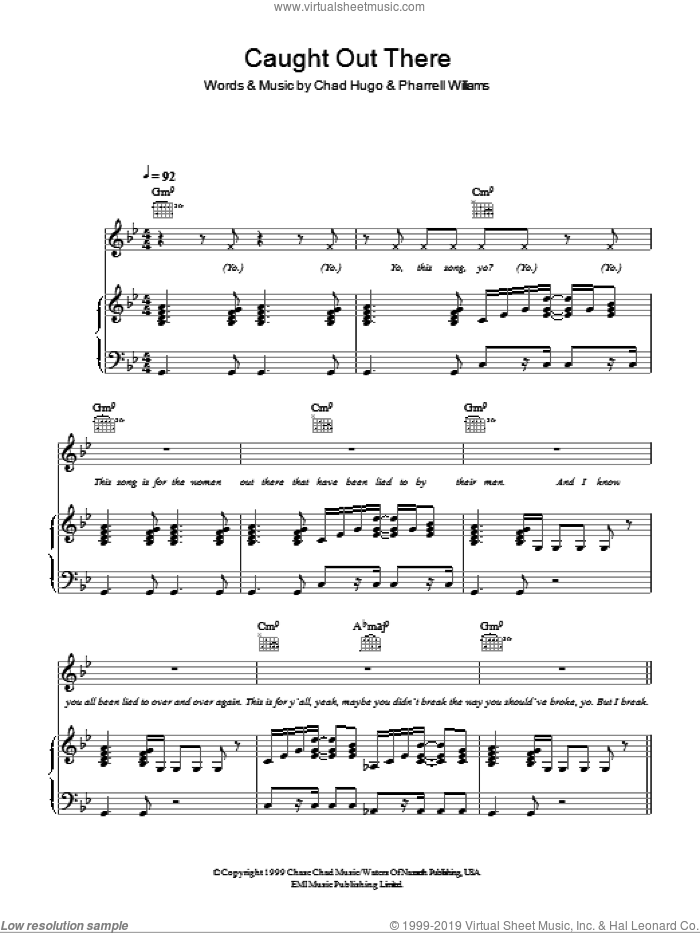 Caught Out There sheet music for voice, piano or guitar by Kelis, Chad Hugo and Pharrell Williams, intermediate skill level