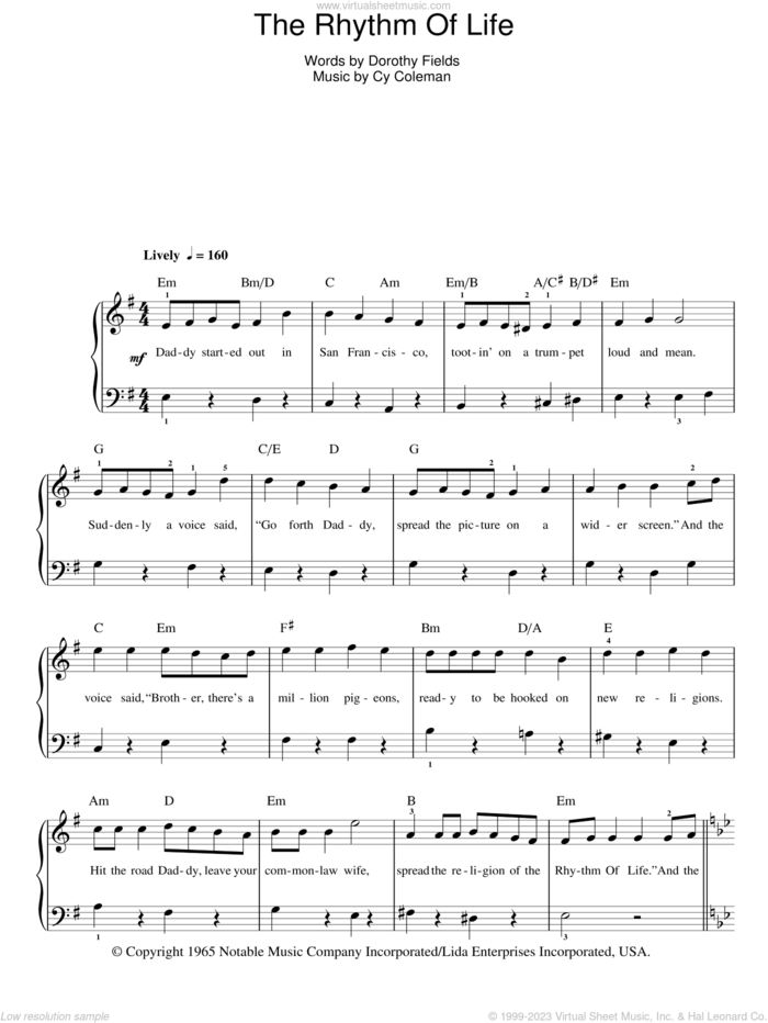 The Rhythm Of Life sheet music for piano solo by Cy Coleman and Dorothy Fields, easy skill level