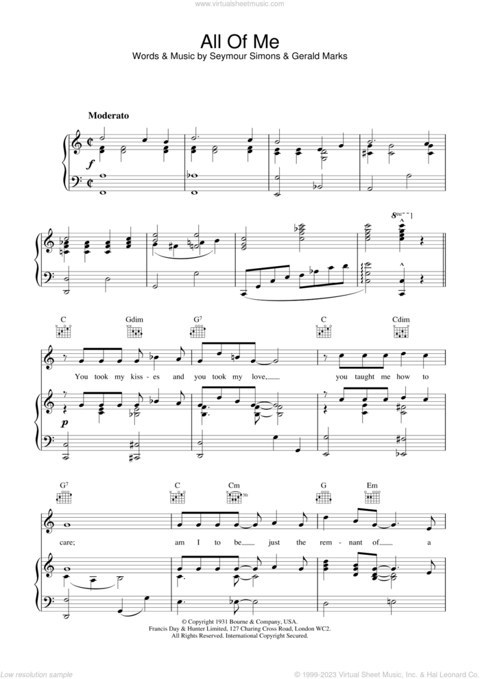 All Of Me sheet music for voice, piano or guitar by Frank Sinatra, MARKS and SIMONS, intermediate skill level