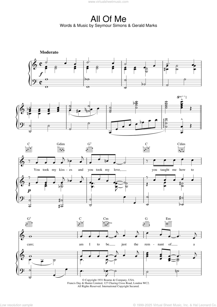 All Of Me sheet music for voice, piano or guitar by Frank Sinatra, MARKS and SIMONS, intermediate skill level