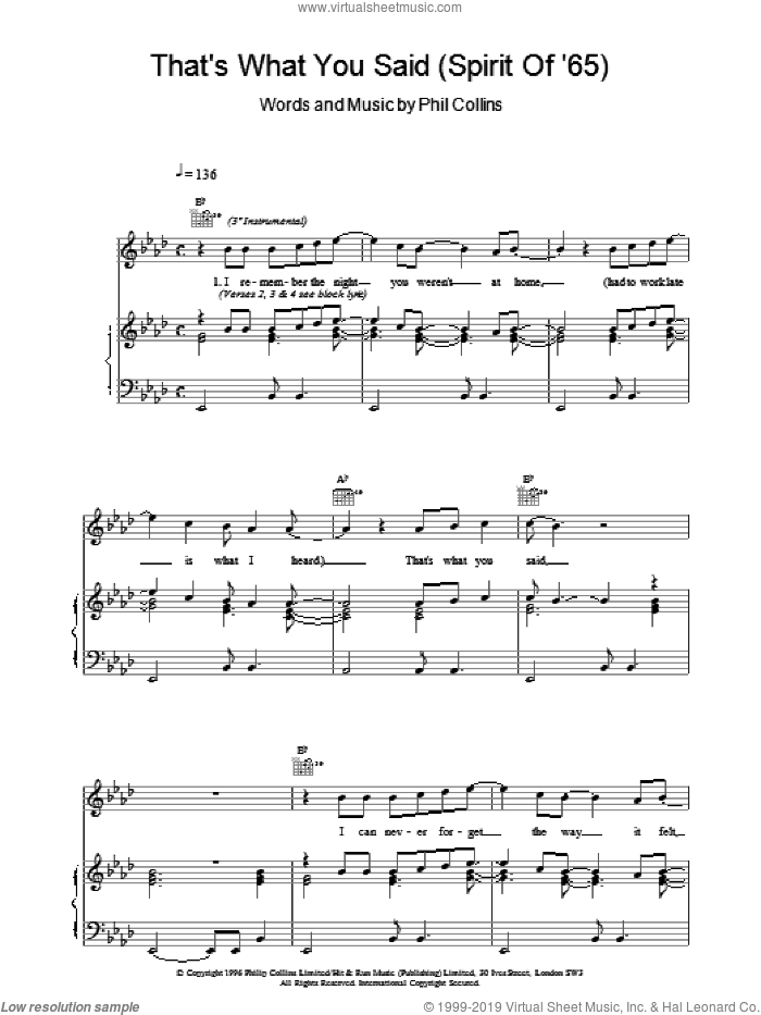 That's What You Said (Spirit Of '65) sheet music for voice, piano or guitar by Phil Collins, intermediate skill level