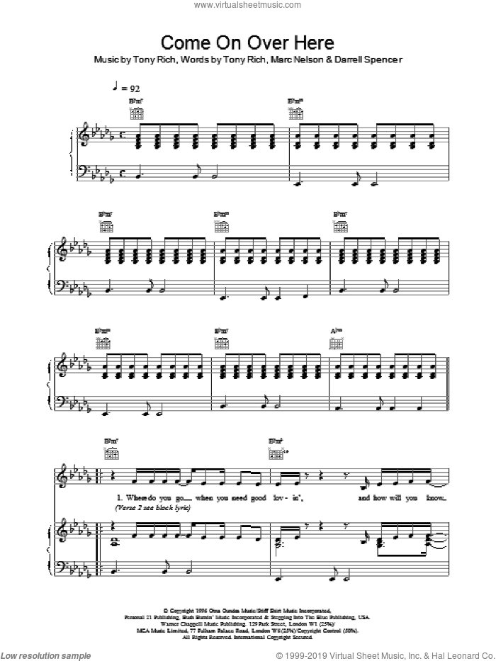 Come On Over Here sheet music for voice, piano or guitar by Toni Braxton, D SPENCER, M NELSON and Tony Rich, intermediate skill level