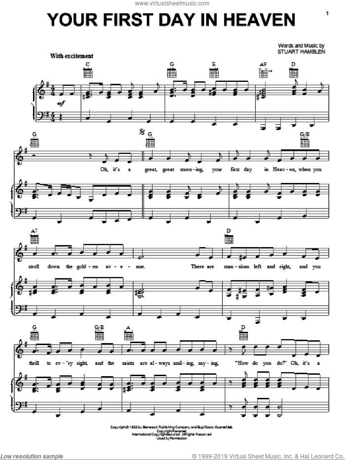 Your First Day In Heaven sheet music for voice, piano or guitar by Stuart Hamblen, intermediate skill level