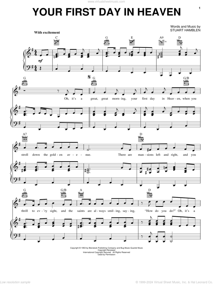 Your First Day In Heaven sheet music for voice, piano or guitar by Stuart Hamblen, intermediate skill level