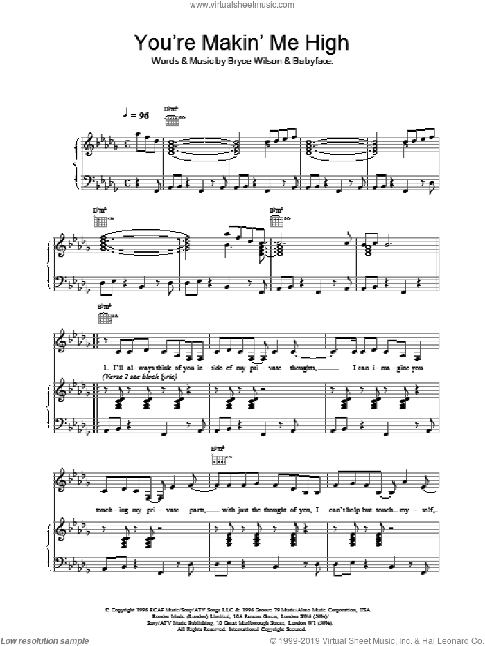 You're Makin' Me High sheet music for voice, piano or guitar by Toni Braxton, Babyface and Bryce Wilson, intermediate skill level