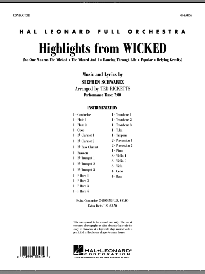 Highlights from Wicked (COMPLETE) sheet music for full orchestra by Stephen Schwartz and Ted Ricketts, intermediate skill level