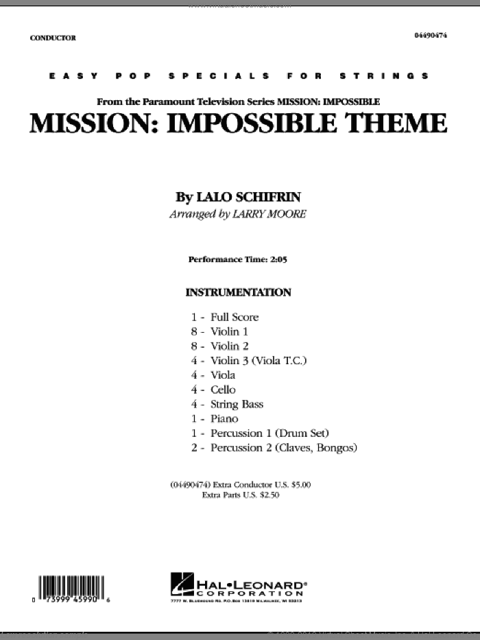 Mission: Impossible Theme (COMPLETE) sheet music for orchestra by Larry Moore and Lalo Schifrin, intermediate skill level
