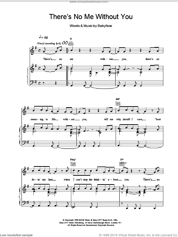 There's No Me Without You sheet music for voice, piano or guitar by Toni Braxton and Babyface, intermediate skill level
