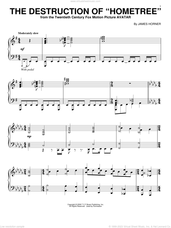 The Destruction Of 'Hometree' sheet music for piano solo by James Horner and Avatar (Movie), intermediate skill level