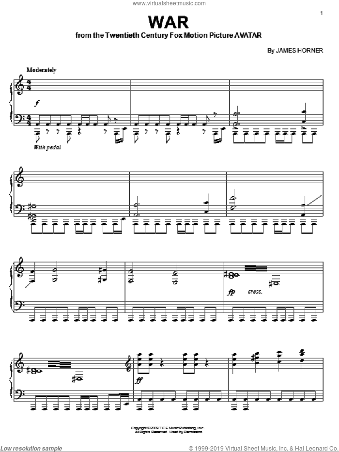 War sheet music for piano solo by James Horner and Avatar (Movie), intermediate skill level