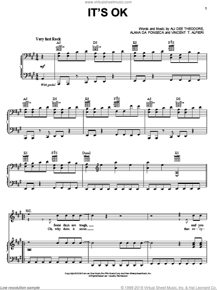 It's OK / It's Okay sheet music for voice, piano or guitar by Alvin And The Chipmunks, Alvin And The Chipmunks: The Squeakquel (Movie), Alana Da Fonseca, Ali Dee Theodore and Vincent T. Alfieri, intermediate skill level